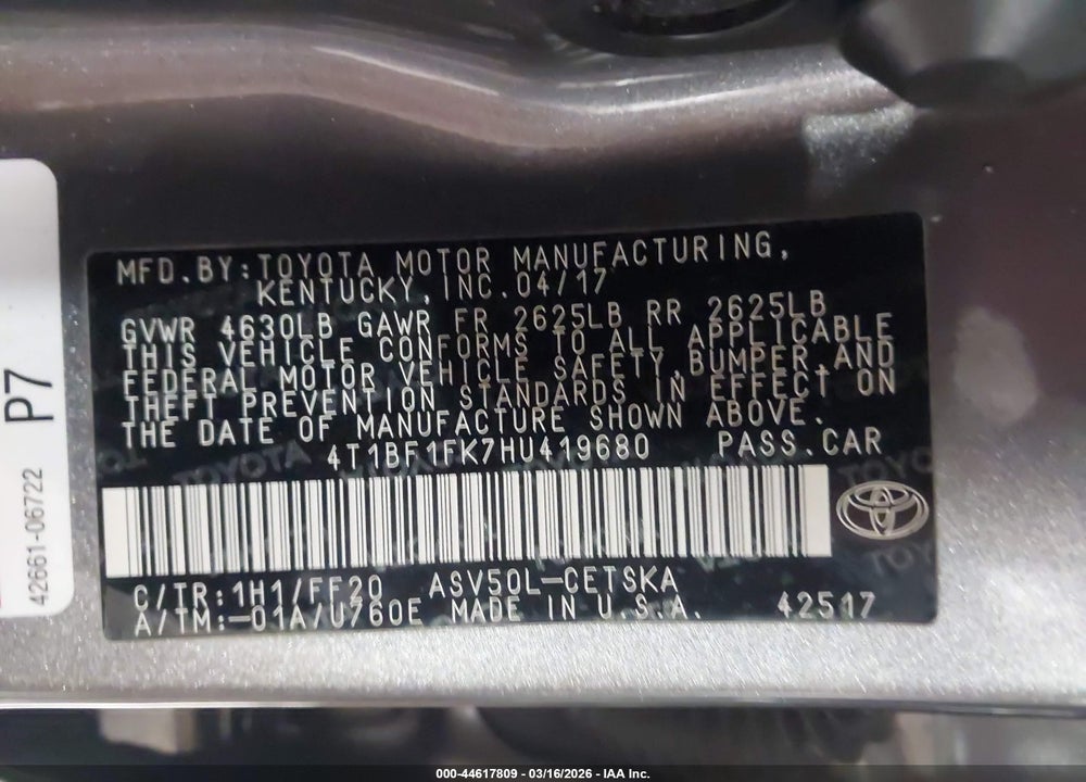 2017 TOYOTA CAMRY SE VIN: 4T1BF1FK7HU419680