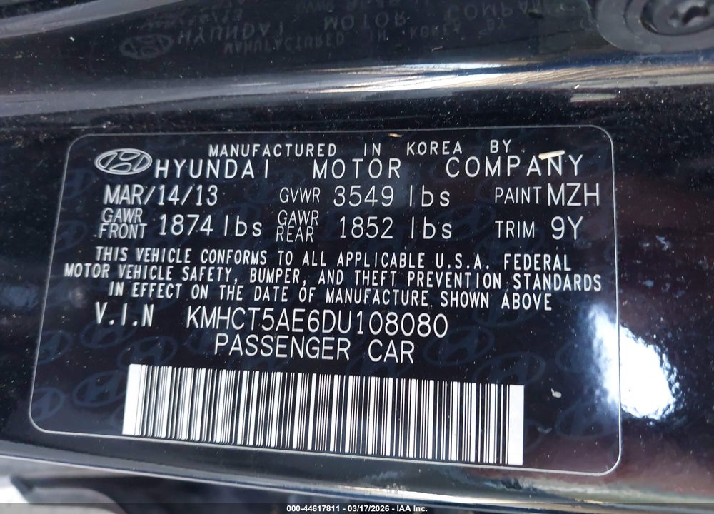 2013 HYUNDAI ACCENT GS VIN: KMHCT5AE6DU108080