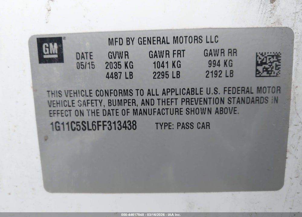 2015 CHEVROLET MALIBU 1LT VIN: 1G11C5SL6FF313438