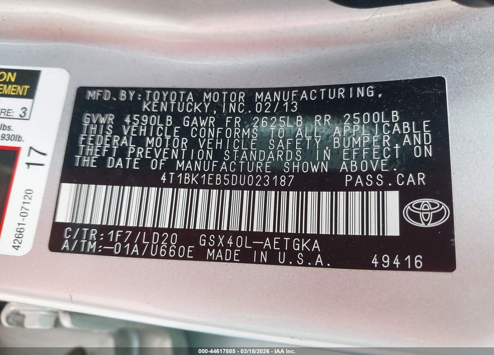 2013 TOYOTA AVALON XLE VIN: 4T1BK1EB5DU023187