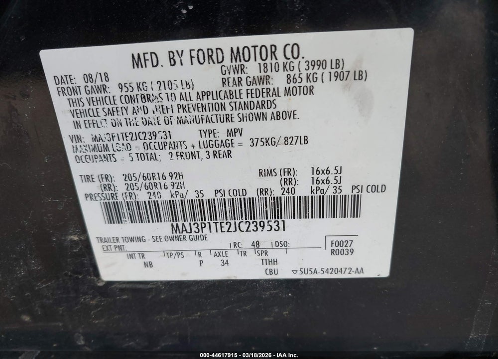 2018 FORD ECOSPORT SE VIN: MAJ3P1TE2JC239531