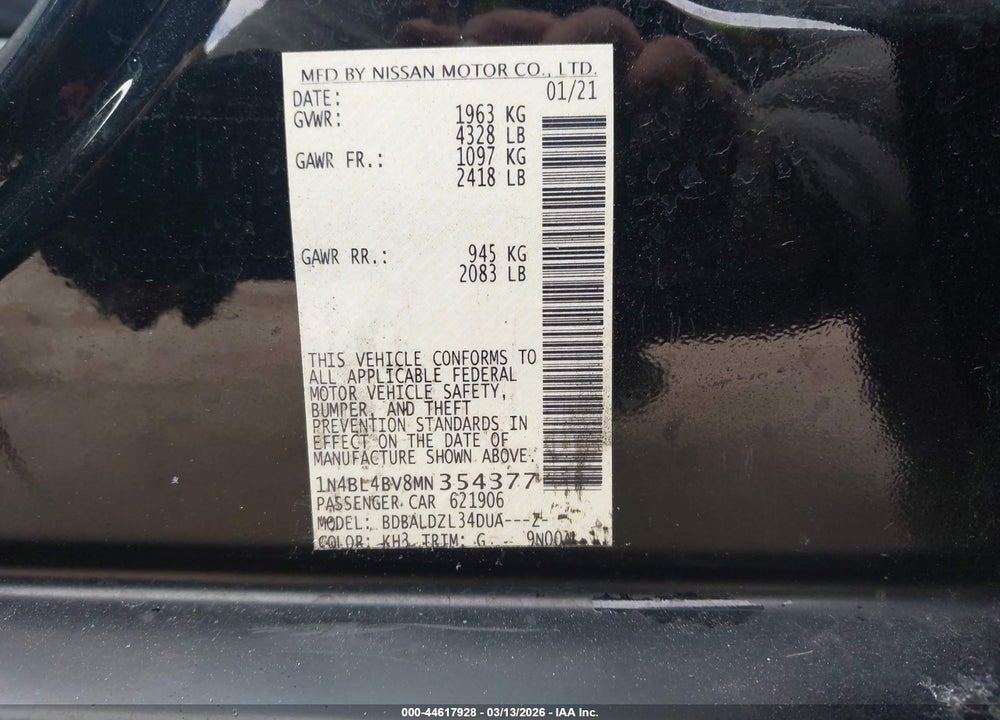 2021 NISSAN ALTIMA 2.5 S VIN: 1N4BL4BV8MN354377