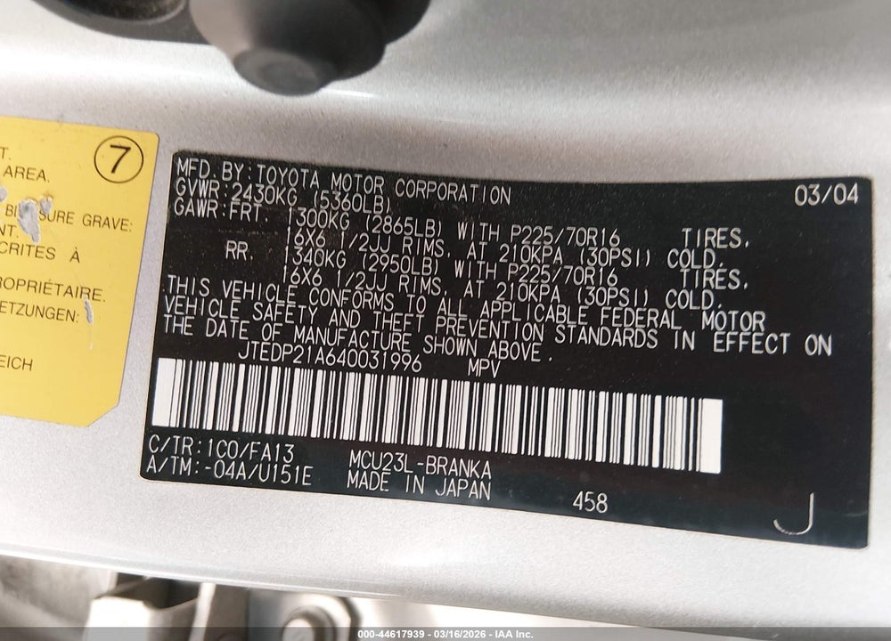 2004 TOYOTA HIGHLANDER V6 VIN: JTEDP21A640031996