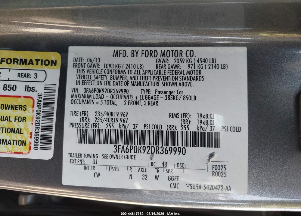 2013 FORD FUSION TITANIUM VIN: 3FA6P0K92DR369990