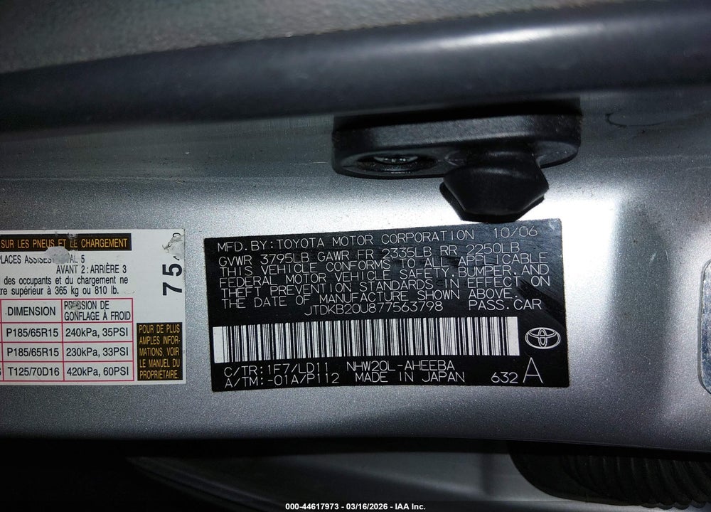 2007 TOYOTA PRIUS VIN: JTDKB20U877563798