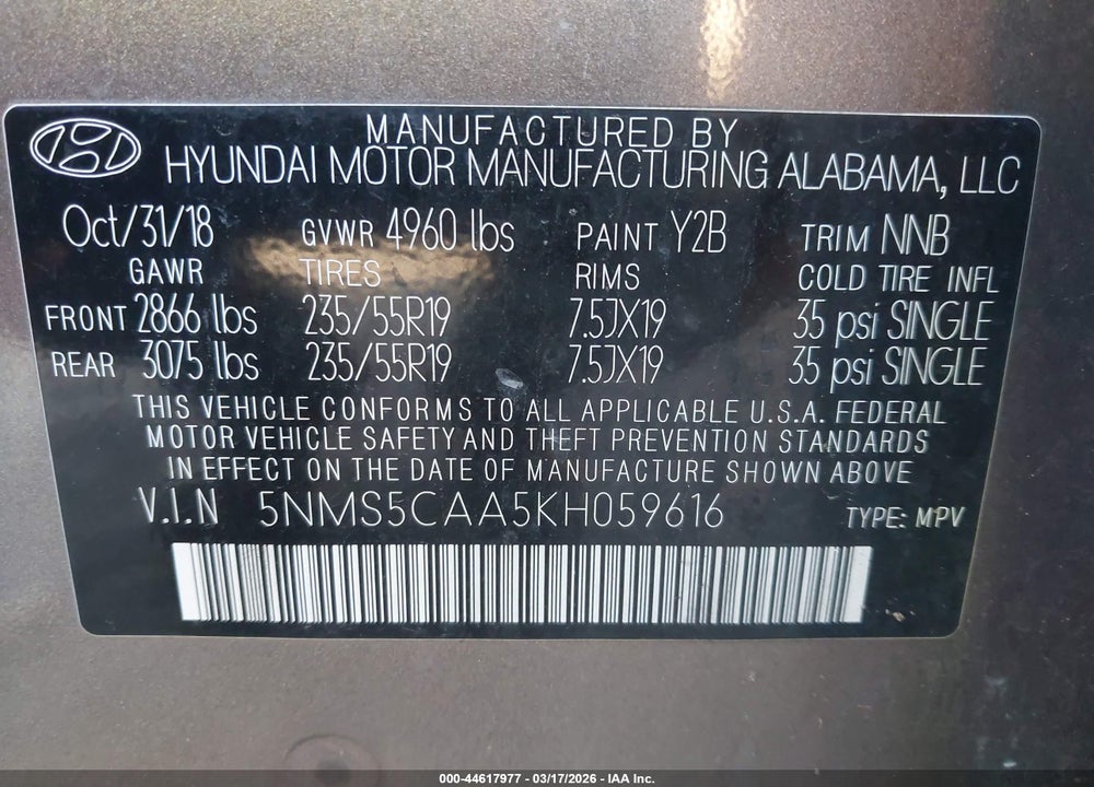 2019 HYUNDAI SANTA FE LIMITED 2.0T VIN: 5NMS5CAA5KH059616