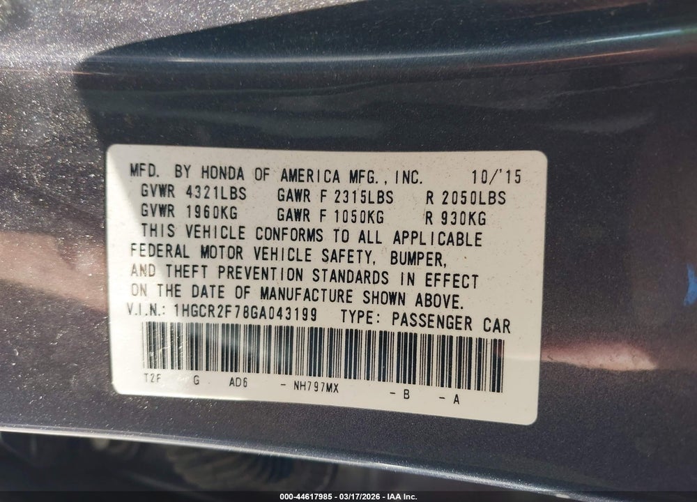 2016 HONDA ACCORD EX VIN: 1HGCR2F78GA043199
