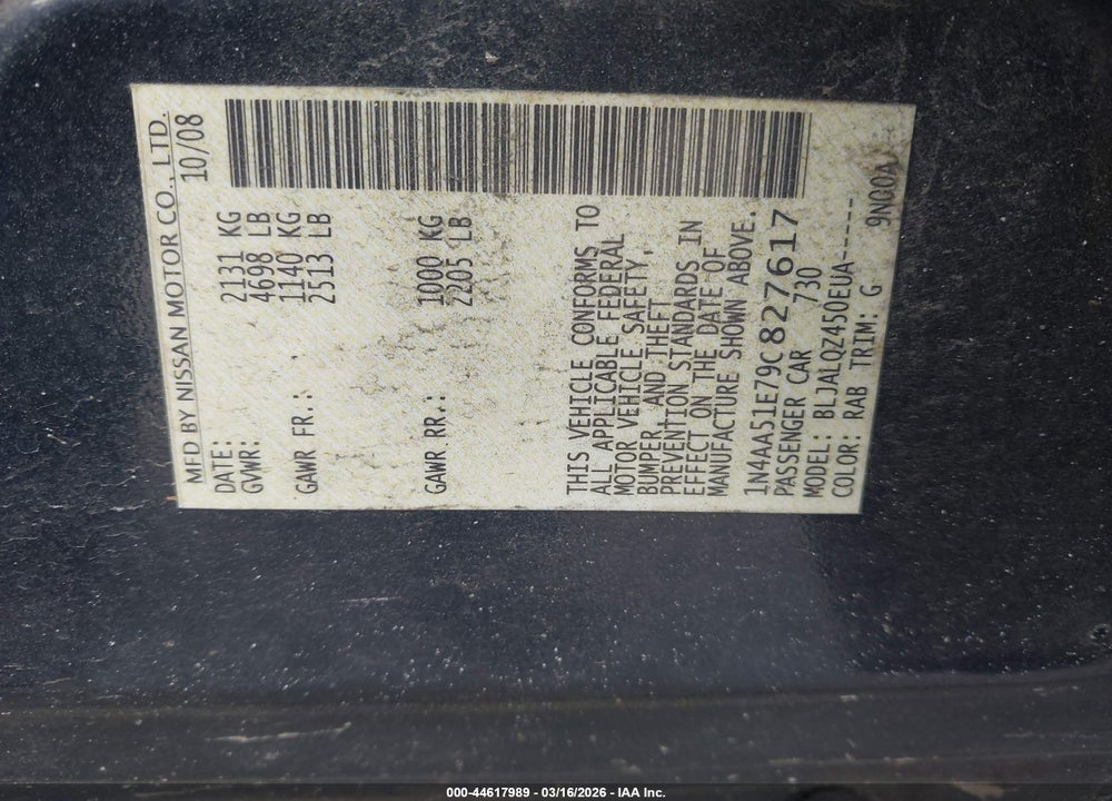 2009 NISSAN MAXIMA 3.5 S VIN: 1N4AA51E79C827617