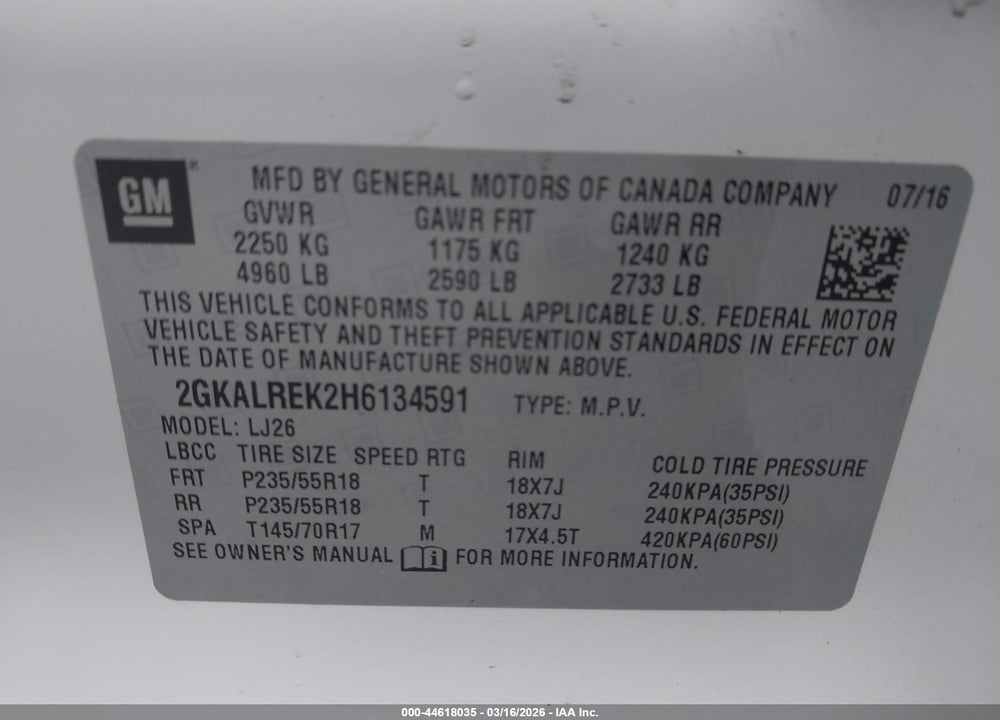 2017 GMC TERRAIN DENALI VIN: 2GKALREK2H6134591
