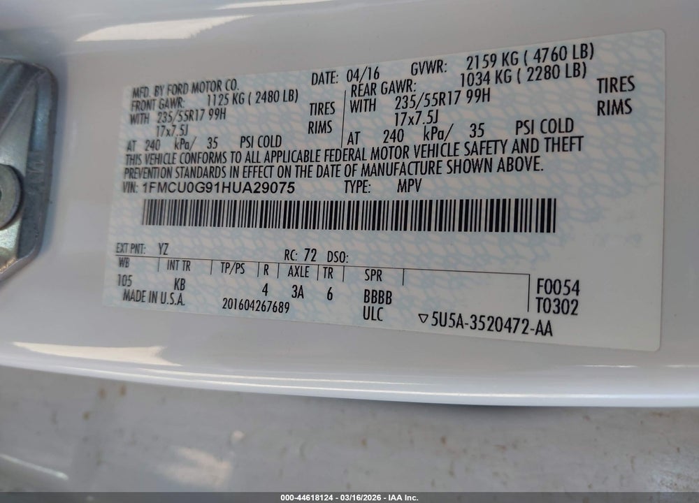 2017 FORD ESCAPE SE VIN: 1FMCU0G91HUA29075