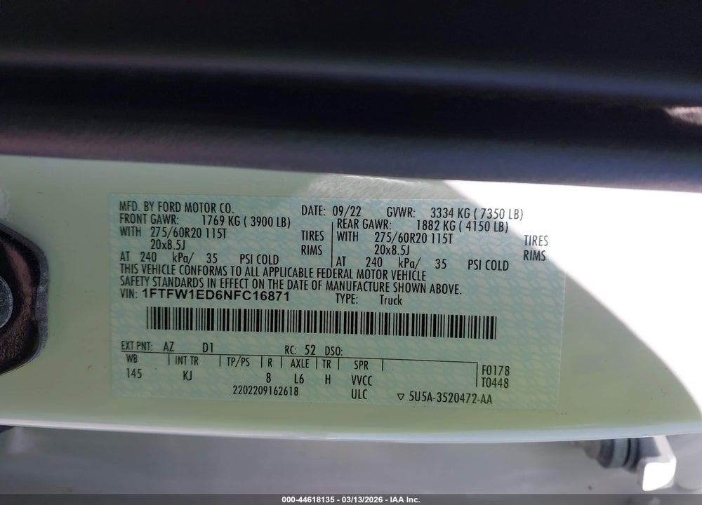 2022 FORD F-150 VIN: 1FTFW1ED6NFC16871