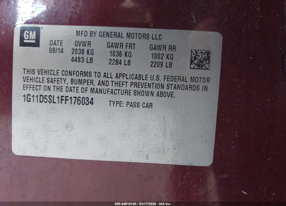 2015 CHEVROLET MALIBU 2LT VIN: 1G11D5SL1FF176034