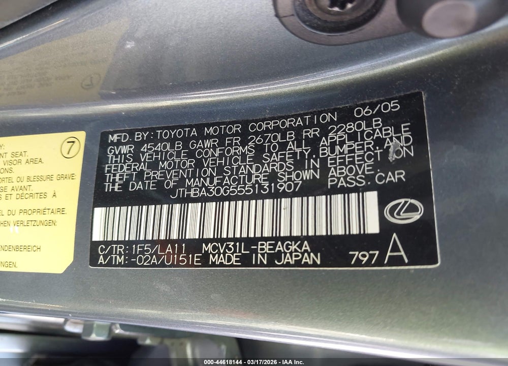 2005 LEXUS ES 330 VIN: JTHBA30G555131907