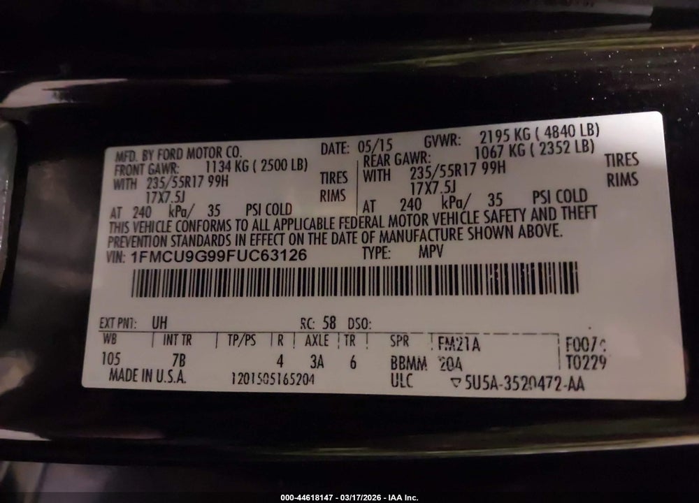 2015 FORD ESCAPE SE VIN: 1FMCU9G99FUC63126