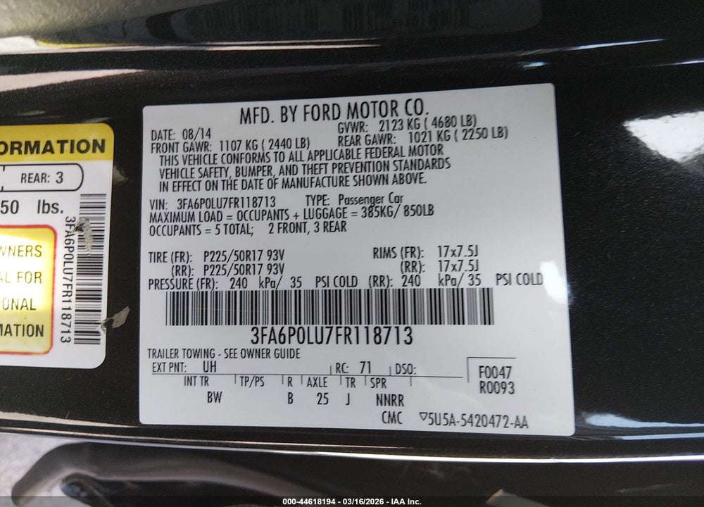 2015 FORD FUSION HYBRID SE VIN: 3FA6P0LU7FR118713