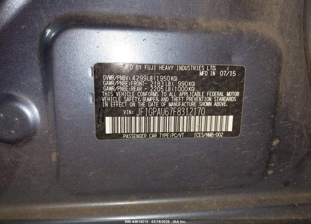 2015 SUBARU IMPREZA 2.0I SPORT PREMIUM VIN: JF1GPAU67F8312170