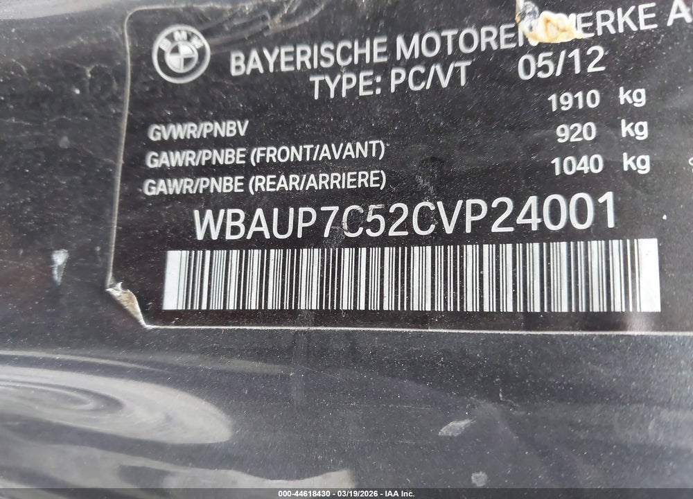 2012 BMW 128I VIN: WBAUP7C52CVP24001