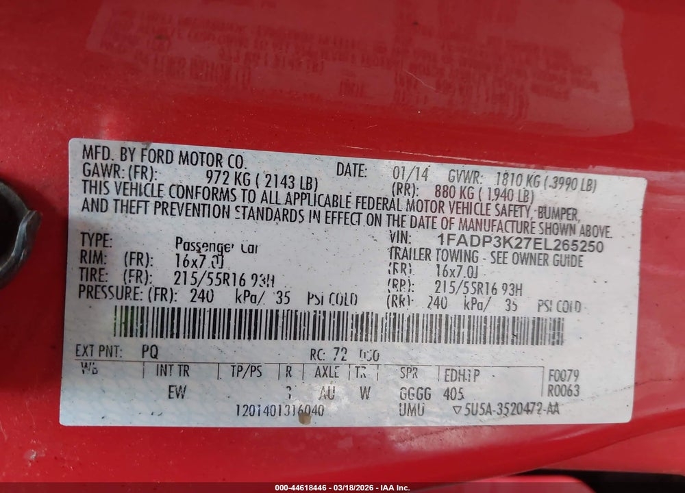 2014 FORD FOCUS SE VIN: 1FADP3K27EL265250