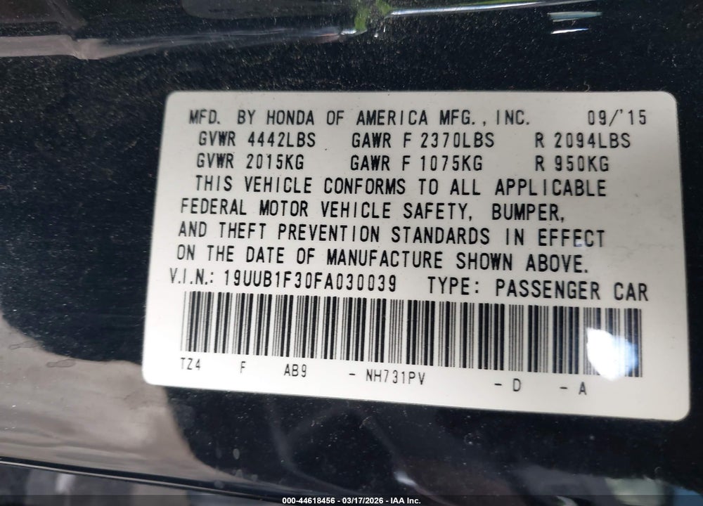 2015 ACURA TLX VIN: 19UUB1F30FA030039