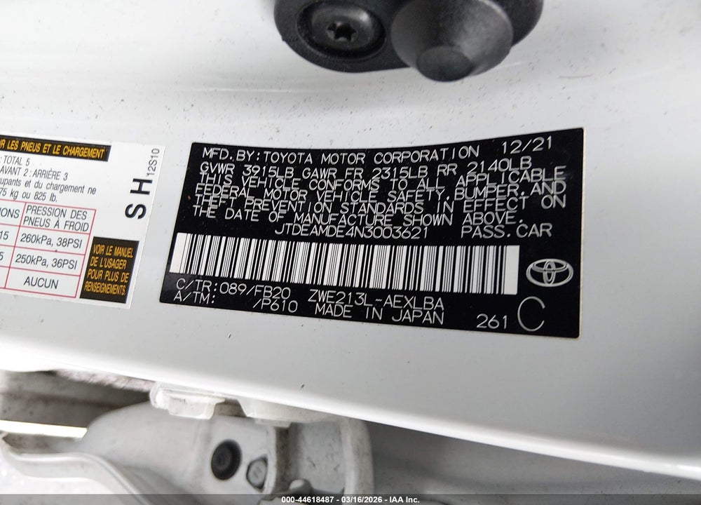 2022 TOYOTA COROLLA HYBRID LE VIN: JTDEAMDE4N3003621