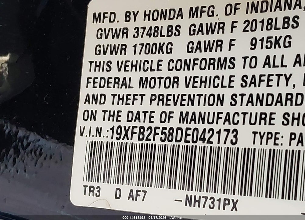 2013 HONDA CIVIC LX VIN: 19XFB2F58DE042173