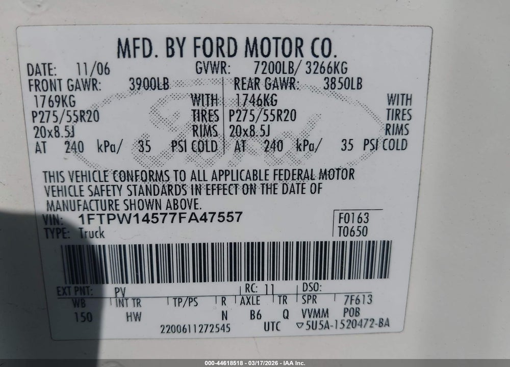 2007 FORD F-150 FX4/LARIAT/XLT VIN: 1FTPW14577FA47557