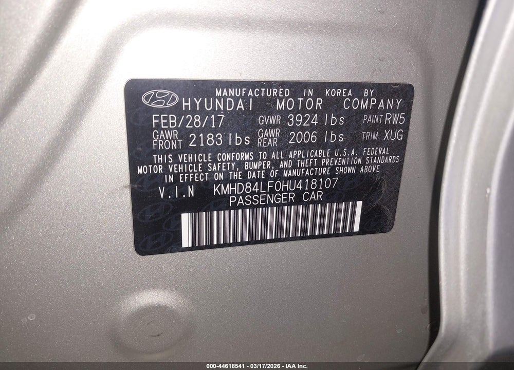 2017 HYUNDAI ELANTRA VALUE EDITION VIN: KMHD84LF0HU418107