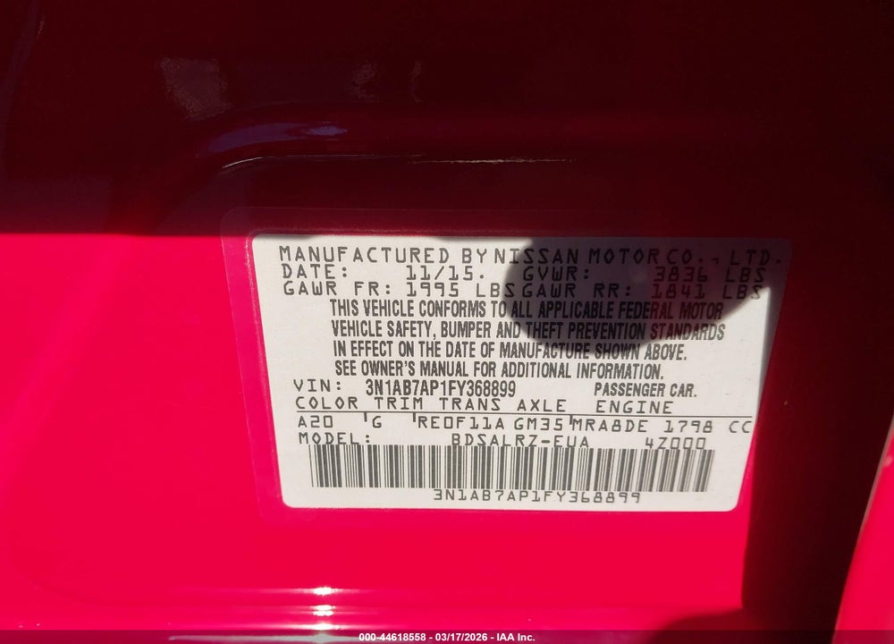 2015 NISSAN SENTRA SR VIN: 3N1AB7AP1FY368899