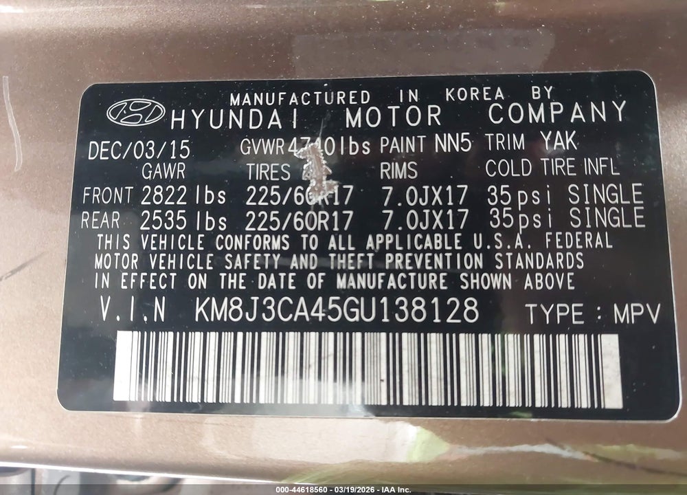 2016 HYUNDAI TUCSON SE VIN: KM8J3CA45GU138128