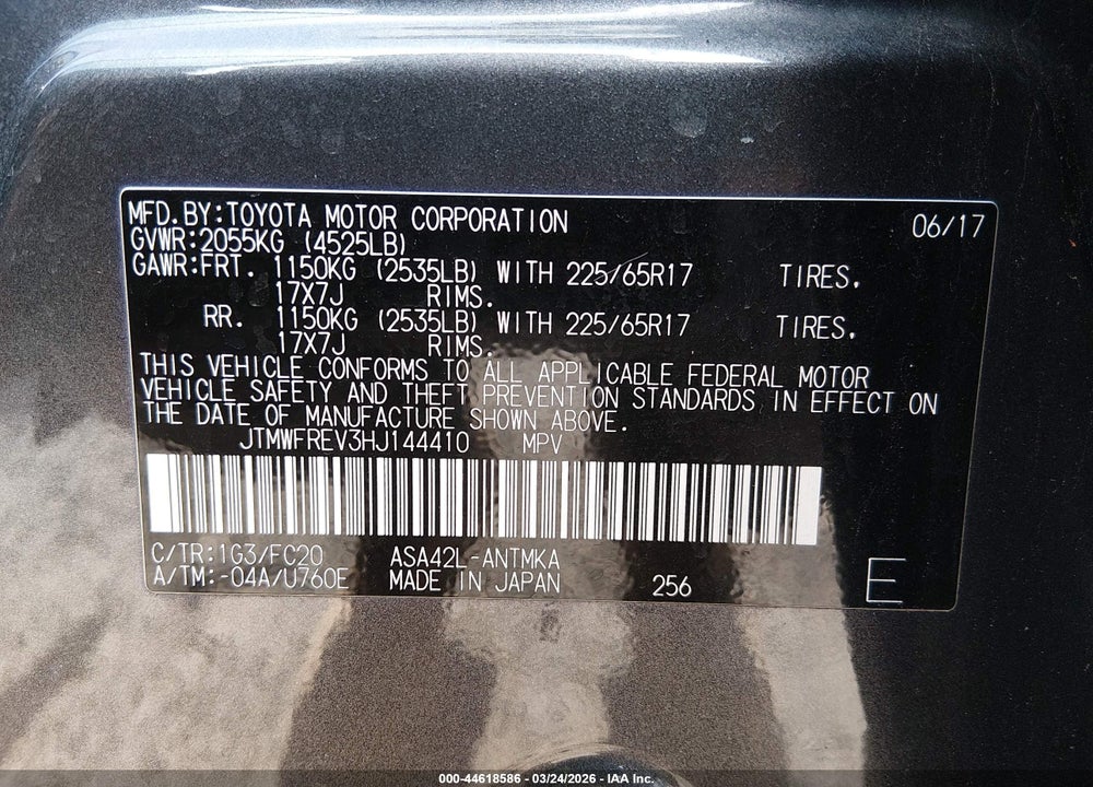 2017 TOYOTA RAV4 XLE VIN: JTMWFREV3HJ144410