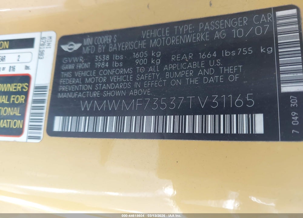 2007 MINI COOPER S VIN: WMWMF73537TV31165