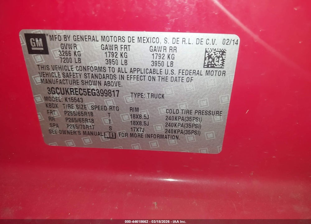 2014 CHEVROLET SILVERADO 1500 1LT VIN: 3GCUKREC5EG399817