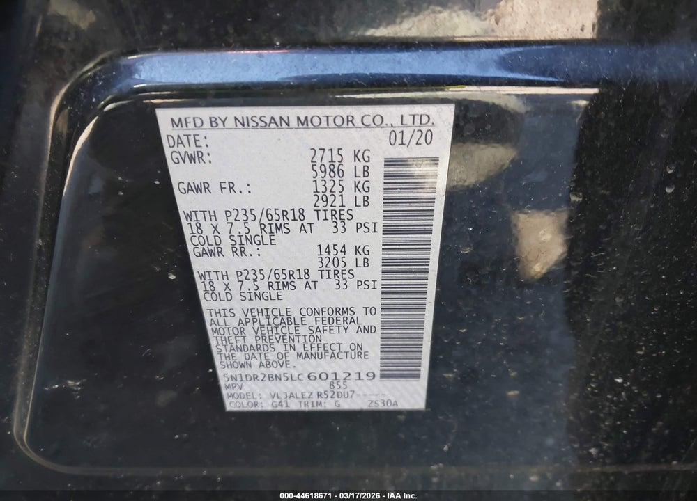 2020 NISSAN PATHFINDER SV 2WD VIN: 5N1DR2BN5LC601219