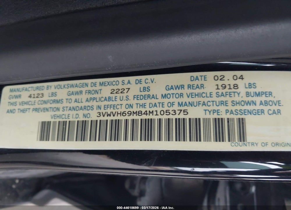 2004 VOLKSWAGEN JETTA GLI VIN: 3VWVH69M84M105375