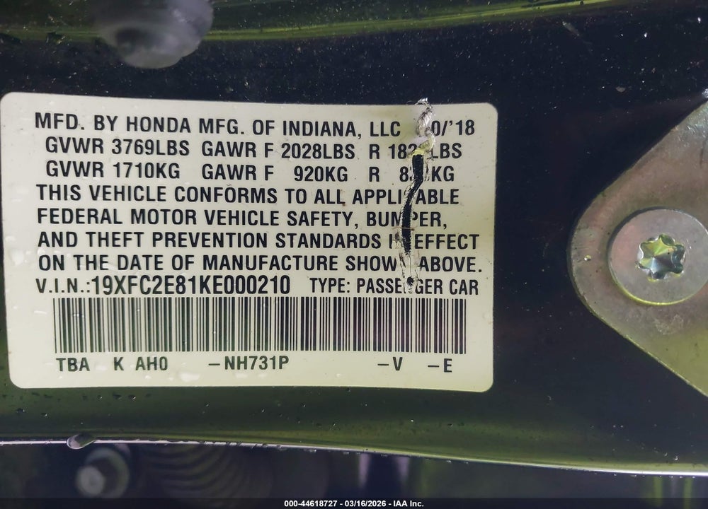 2019 HONDA CIVIC SPORT VIN: 19XFC2E81KE000210