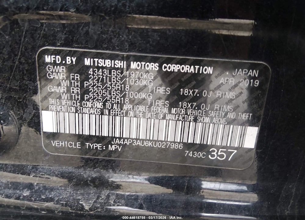 2019 MITSUBISHI OUTLANDER SPORT 2.0 ES VIN: JA4AP3AU6KU027986