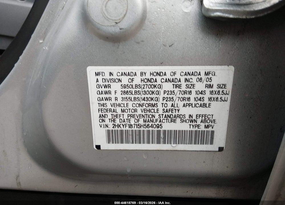 2005 HONDA PILOT EX-L VIN: 2HKYF18715H564095