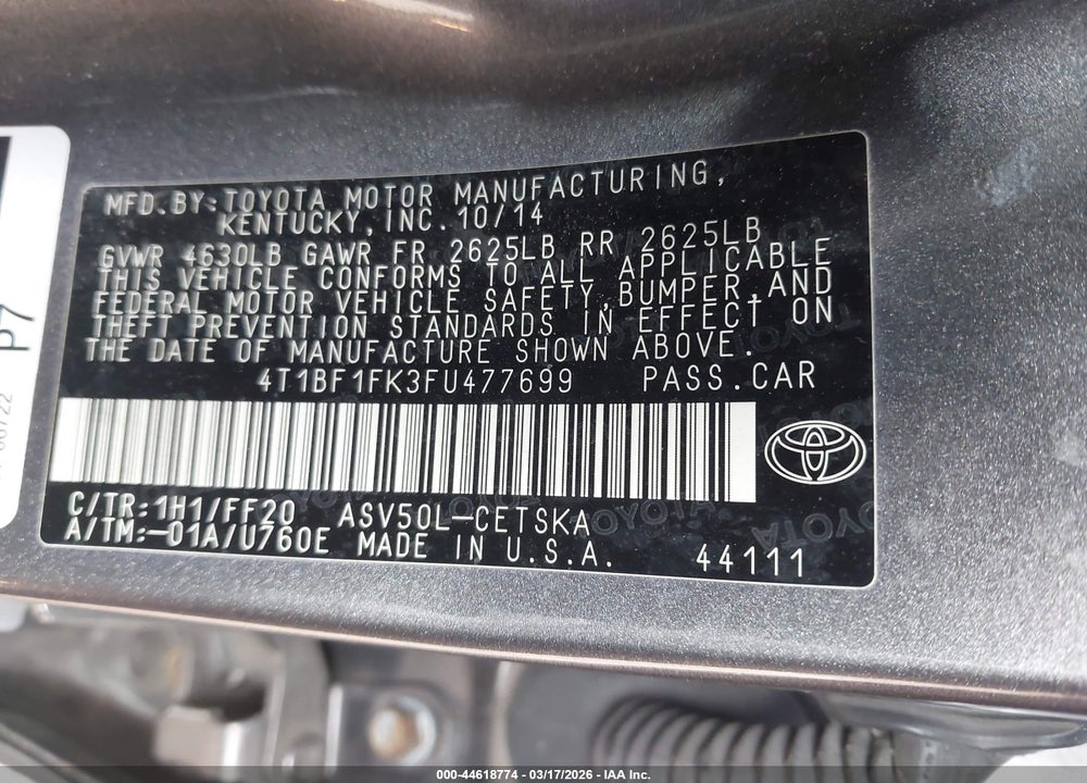 2015 TOYOTA CAMRY SE VIN: 4T1BF1FK3FU477699