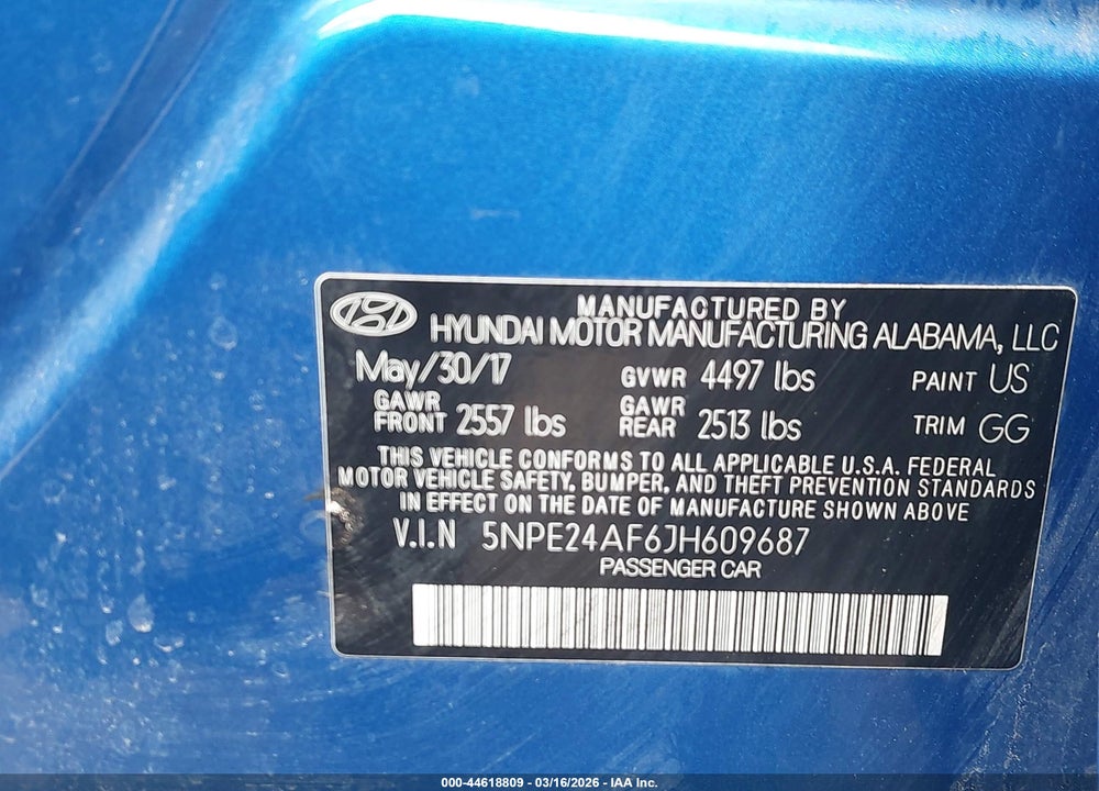 2018 HYUNDAI SONATA SE VIN: 5NPE24AF6JH609687