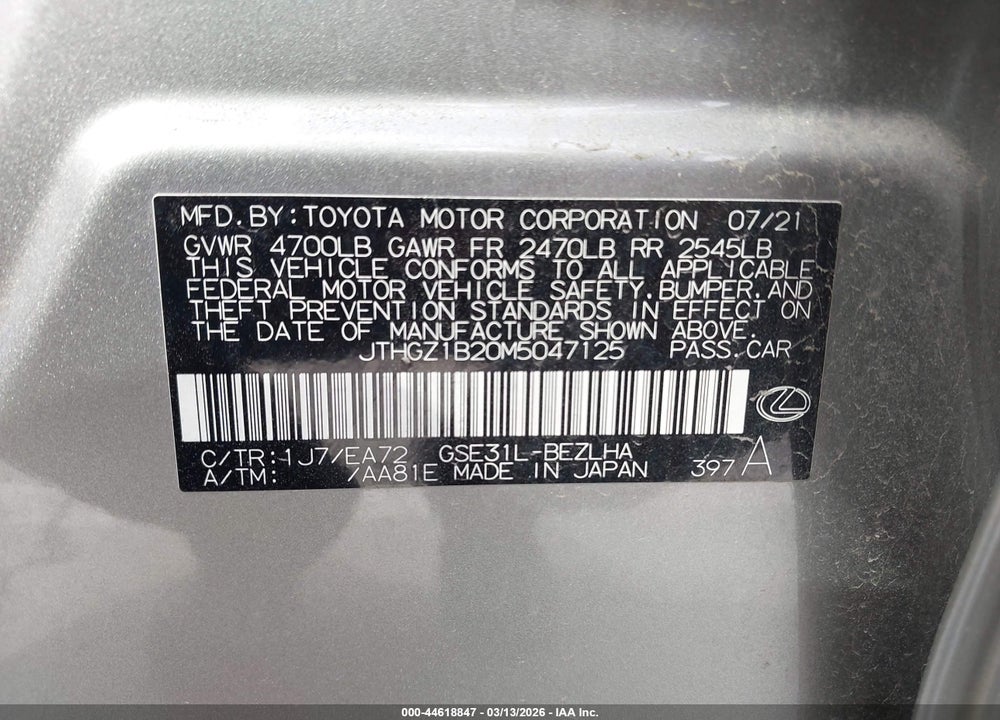 2021 LEXUS IS 350 F-SPORT VIN: JTHGZ1B20M5047125