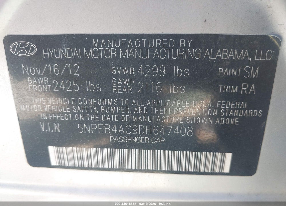 2013 HYUNDAI SONATA GLS VIN: 5NPEB4AC9DH647408