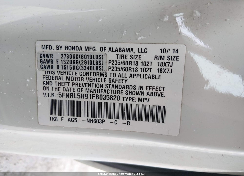 2015 HONDA ODYSSEY TOURING/TOURING ELITE VIN: 5FNRL5H91FB035820