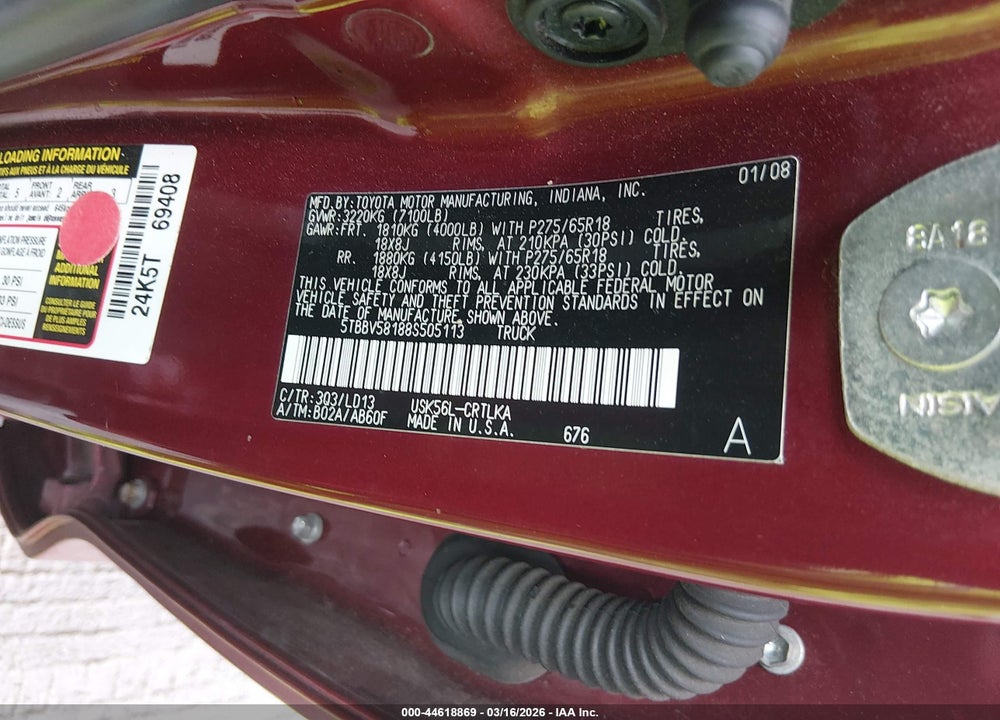 2008 TOYOTA TUNDRA LIMITED 5.7L V8 VIN: 5TBBV58188S505113