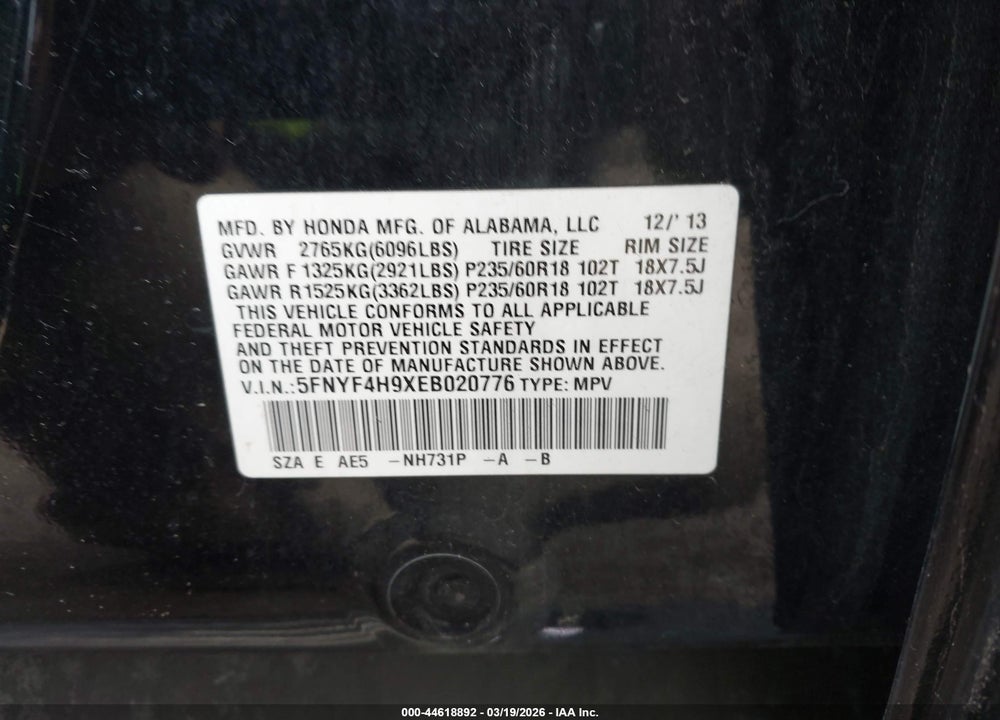 2014 HONDA PILOT TOURING VIN: 5FNYF4H9XEB020776