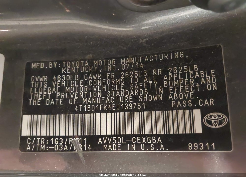 2014 TOYOTA CAMRY VIN: 4T1BD1FK4EU139751