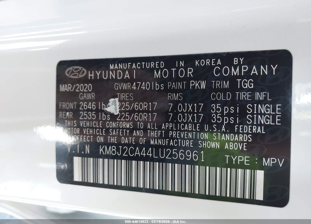 2020 HYUNDAI TUCSON SE VIN: KM8J2CA44LU256961