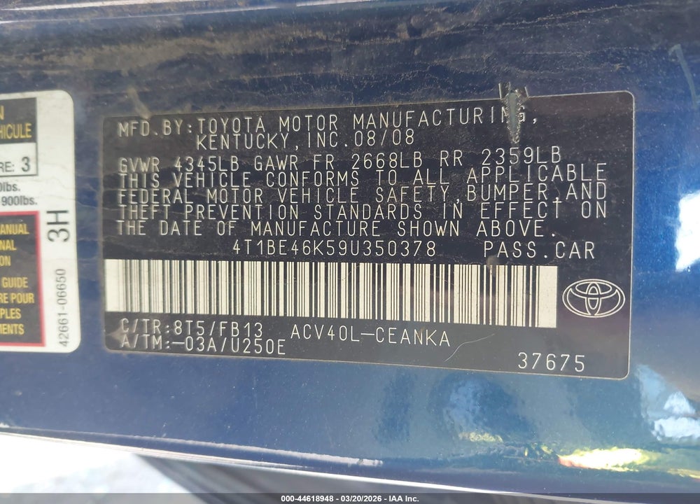 2009 TOYOTA CAMRY LE VIN: 4T1BE46K59U350378