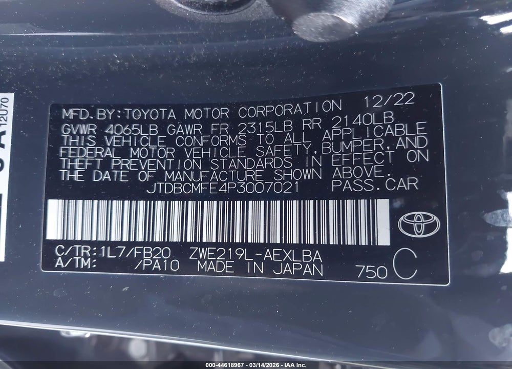 2023 TOYOTA COROLLA HYBRID LE VIN: JTDBCMFE4P3007021