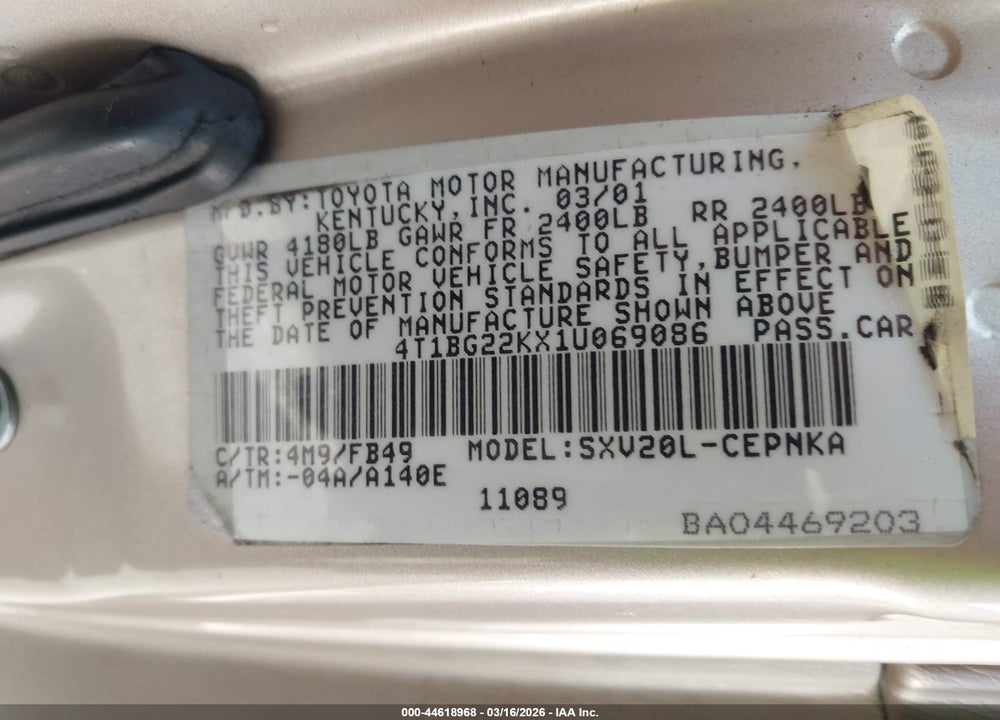 2001 TOYOTA CAMRY LE VIN: 4T1BG22KX1U069086