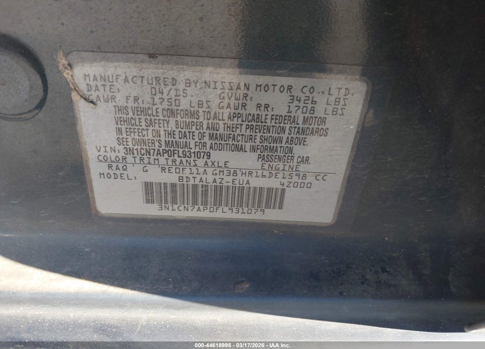 2015 NISSAN VERSA 1.6 S+ VIN: 3N1CN7AP0FL931079